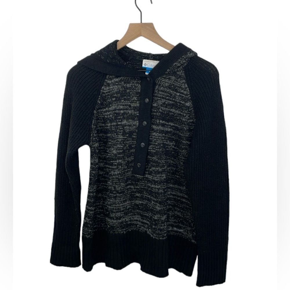 Columbia Hooded Black Long Sleeve Knit Pullover Hooded Sweater Wool Blen…